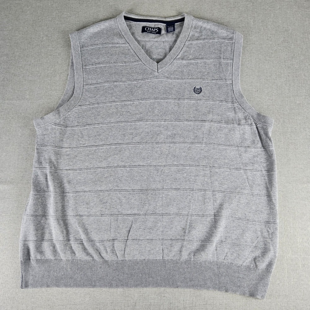Chaps Mens XL Gray V-Neck Cotton Knit Sweater Vest Textured Striped Sleeveless